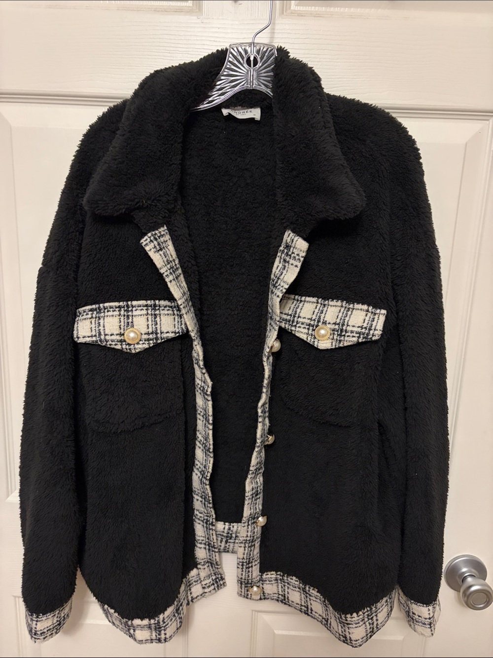 Andree Black Sherpa Jacket with Black-and-White Plaid Tri